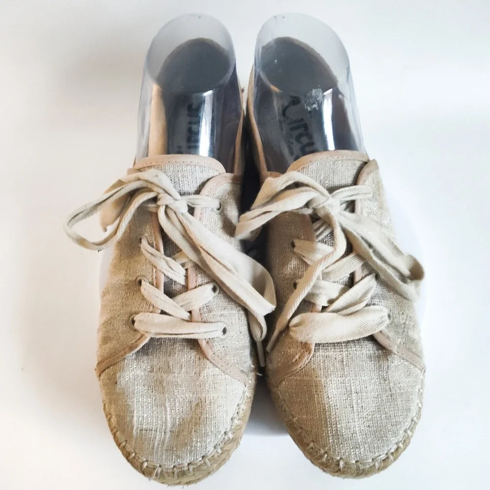 Circus Sam Edelman 8 Espadrille Flats Sneakers Metallic Fabric Lace-Up Gold Tan